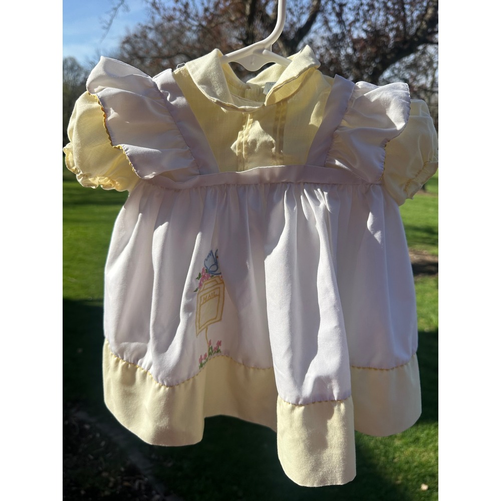 Vintage Baby Girl Cherubs Heirloom Pastel Yellow Apron Dress Puff Sleeves SZ 9MO